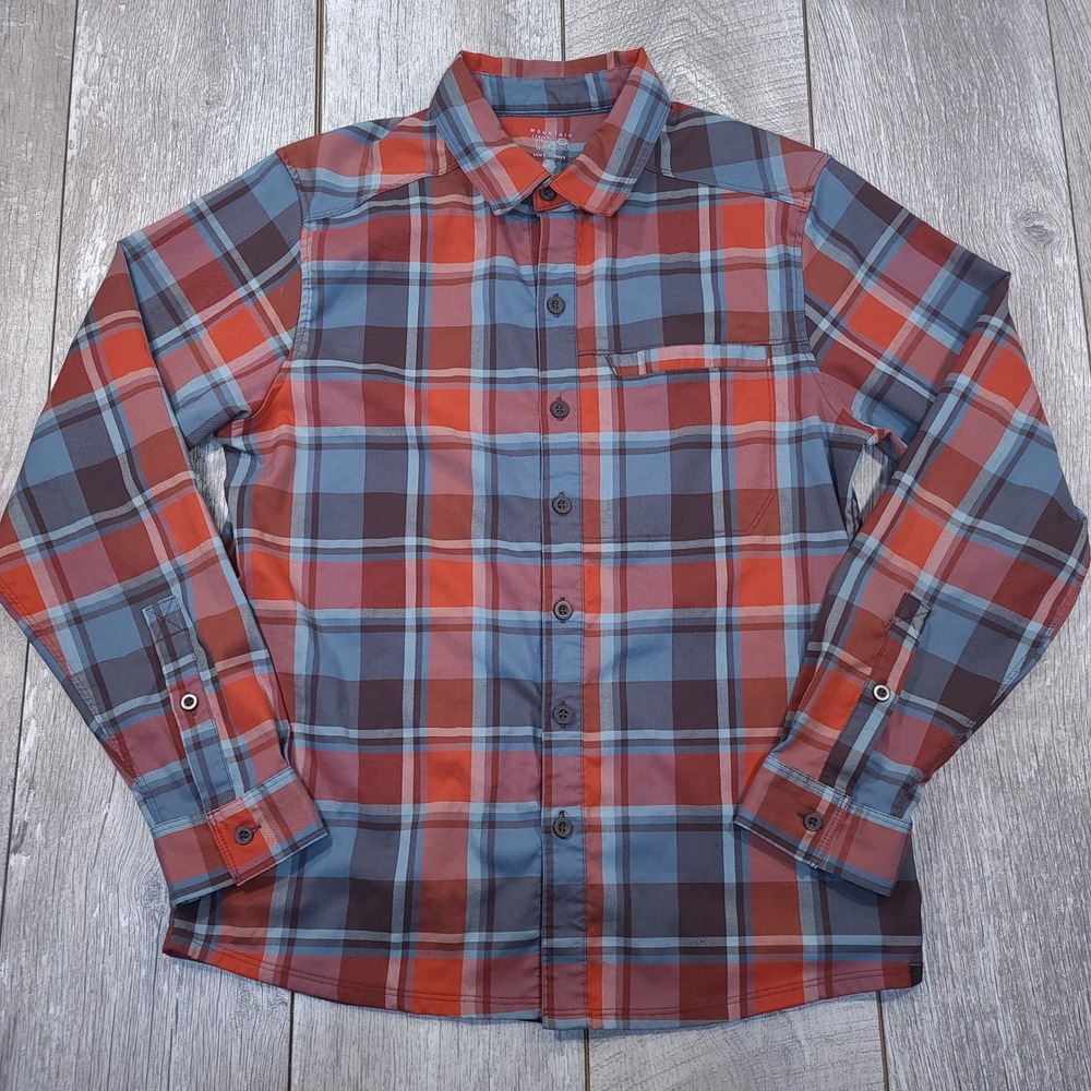 Mountain Hardwear Stretchstone Flannel Men M Orange Blue Plaid Outdoor Shirt